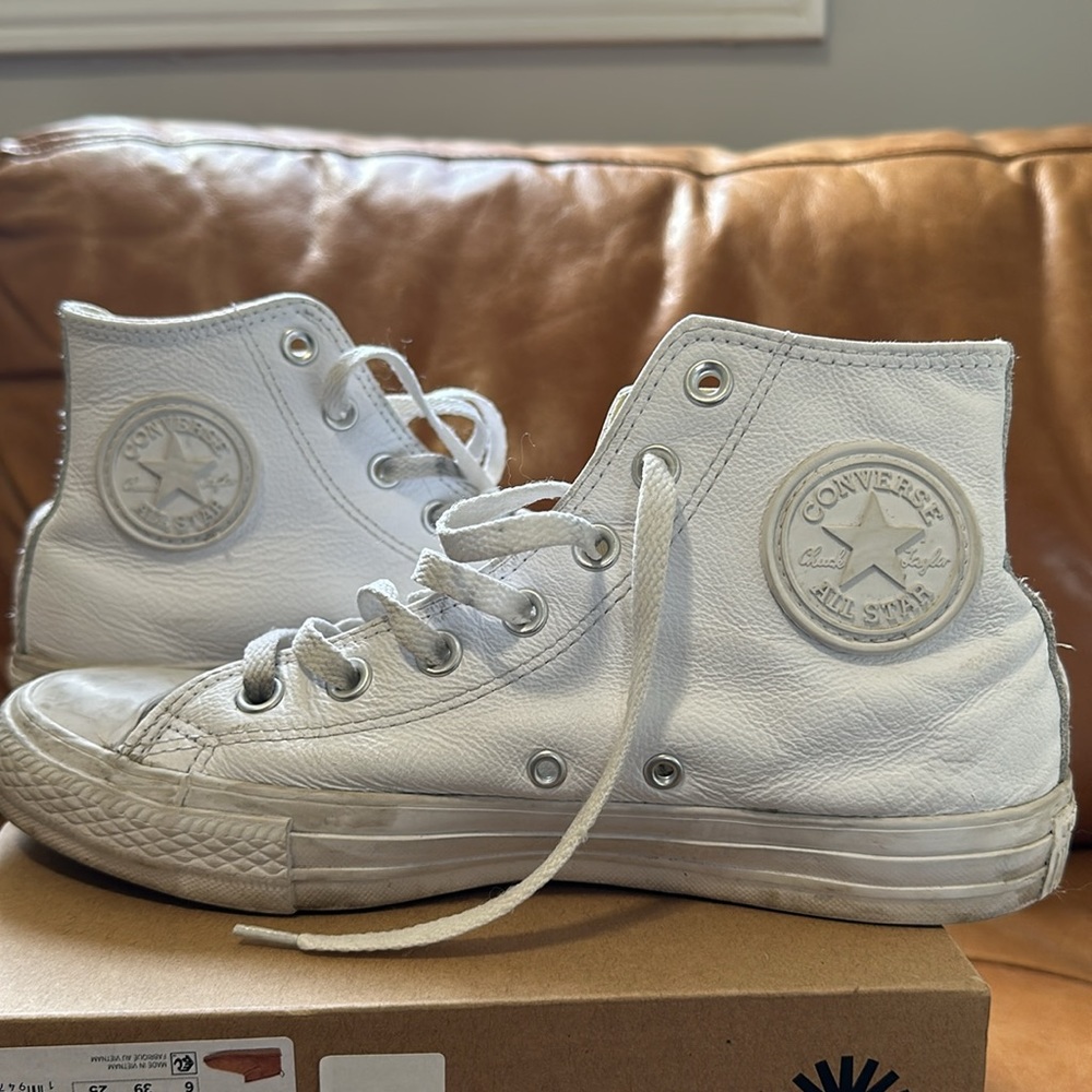 Women’s white leather converse high tops